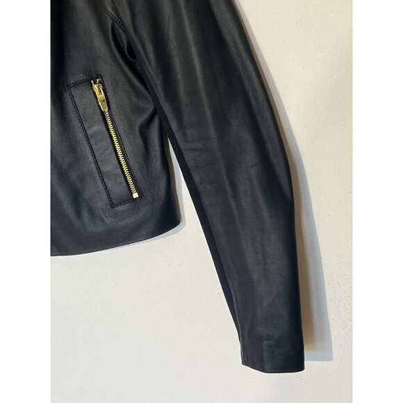 New Via Spiga Black Leather Stretch Fabric Combo Zip Moto Jacket - Picture 10 of 13